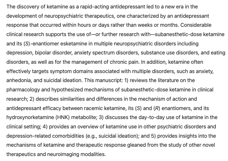 Ketamine in neuropsychiatric disorders: an update (Johnston, et al, 2023)