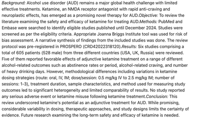 Spotlight: Safety and efficacy of ketamine for the treatment of patients with alcohol use disorder: a systematic review (Rathore, et al, 2025)