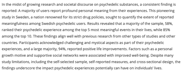 Spotlight: Unveiling Psychedelics: One of the Most Meaningful Events in Life Associated with Improved Well-Being in Swedish Users (Kajonius, et al, 2025)