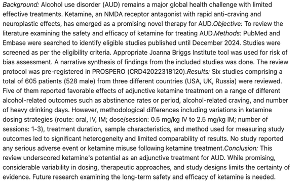 Spotlight: Safety and efficacy of ketamine for the treatment of patients with alcohol use disorder: a systematic review (Rathore, et al, 2025)