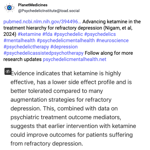 Spotlight: Ketamine Lit Review on Mastodon (a site not owned by fascists)